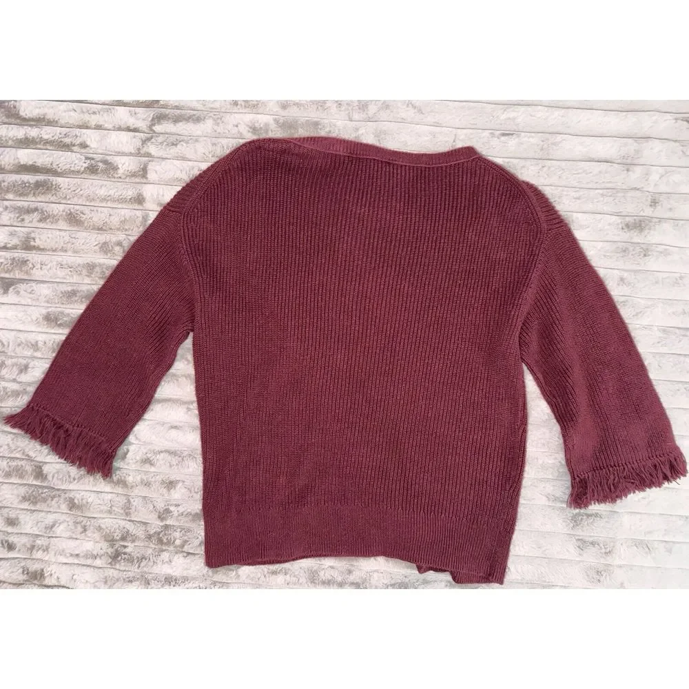 J. Crew Burgundy Round Neck Frayed Cuff Knit Sweater Women's Size S Baggy Grunge